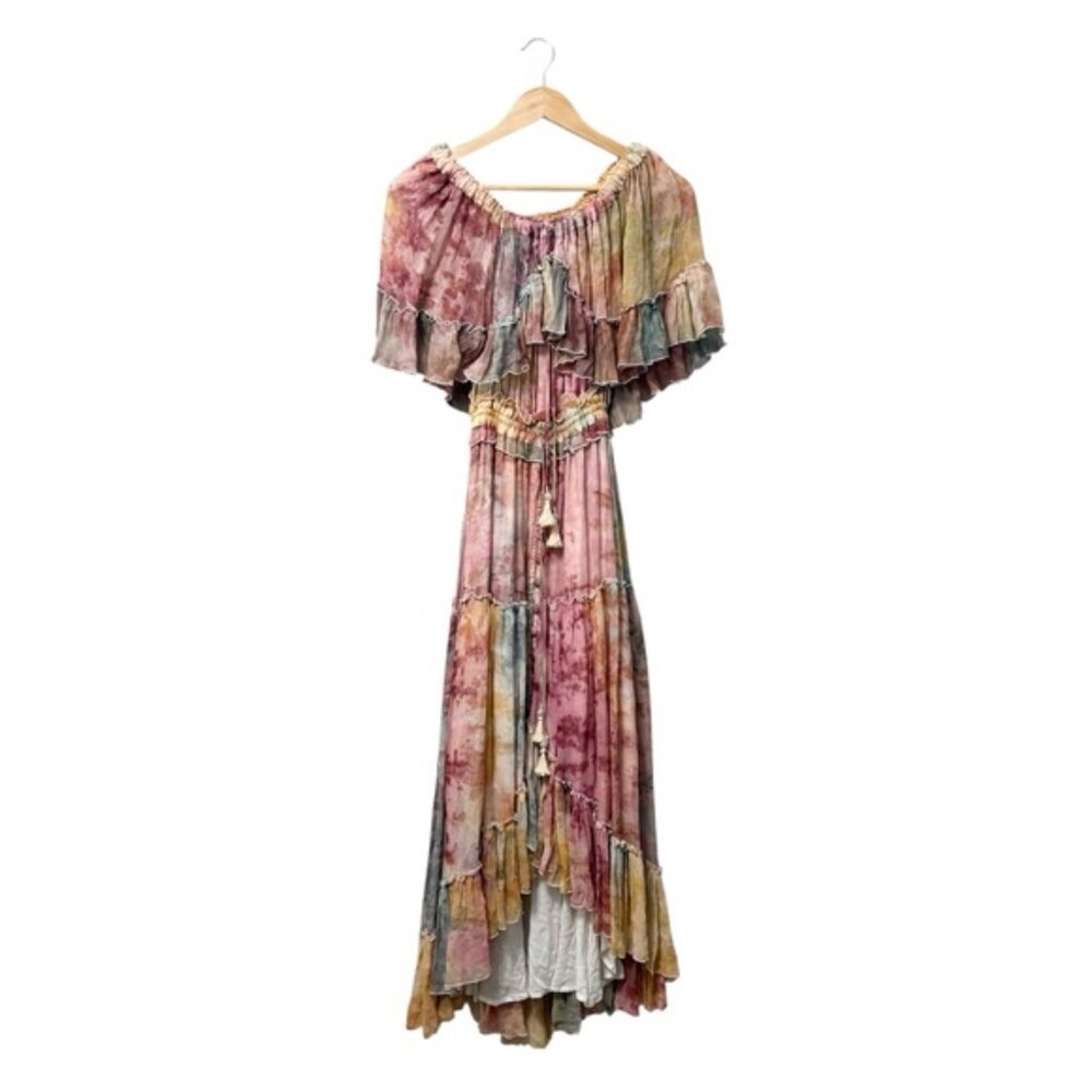 Fillyboo Santa Monica Tambourine Maxi Dress Off Shoulder Hi Low Hem, Size XS